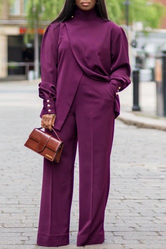 Purple Casual Solid Patchwork Turtleneck Long Sleeve Two Pieces
