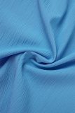 Camisa Casual Sólida Patchwork Azul Céu Gola Manga Longa Duas Peças