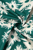 Robe longue décontractée imprimée patchwork fendue à col rond vert