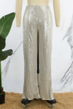 Weiße, lässige Patchwork-Pailletten-Röhrenhose mit hoher Taille, herkömmliche Patchwork-Hose