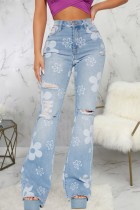 Blauwe casual print gescheurde normale denim jeans met hoge taille