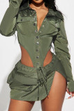 Verde militare sexy casual solido patchwork asimmetrico colletto con risvolto manica lunga due pezzi