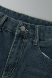 Blaue, lässige, solide Patchwork-Jeansröcke mit hoher Taille und normaler Passform