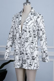White Blue Casual Print Cardigan Turn-back Collar Outerwear