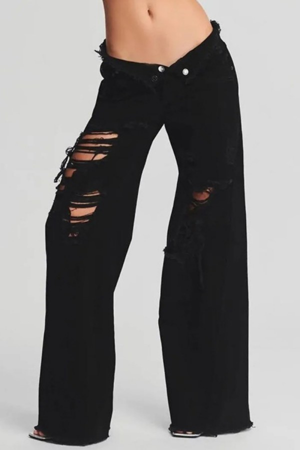 Black Casual Solid Patchwork Mid Waist Regular Wide Leg Baggy Ripped Denim Jeans (Subject To The Actual Object)