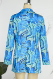 Prendas de abrigo de cuello vuelto de patchwork con estampado casual azul
