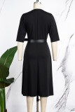 Robes noires élégantes en patchwork solide à col en V et en ligne A (avec une ceinture)