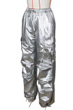 Silver Casual Street Solid Patchwork-ficka Rak Hög midja Rak Enfärgad Bottom