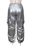 Zilverkleurige casual straat effen patchwork zak recht hoge taille rechte effen kleur broek
