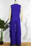 Blue Casual Solid Patchwork O Neck Regular Jumpsuits