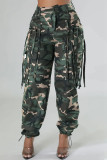 Camouflage Street Camouflage-Druck mit Quasten, Kordelzug, Tasche, normale mittlere Taille, gerade, voll bedruckte Hose
