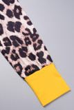 Geel sexy Britse stijl elegante luipaard patchwork afdrukken O hals gewikkelde rokjurken