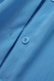 Camisa Casual Sólida Patchwork Azul Céu Gola Manga Longa Duas Peças