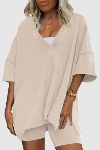 Khaki Casual Solid Basic V Neck Short Sleeve Two Pieces