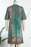 Green Casual Bohemian Print O Neck Short Sleeve Dress Dresses