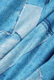 Azul celeste casual estampado patchwork gola redonda manga comprida vestidos plus size