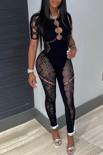 Black Sexy Solid Hollowed Out See-through Hot Drill O Neck Skinny Jumpsuits