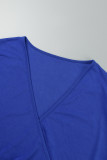 Robes de grande taille bleu décontracté uni patchwork col en V manches longues