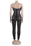 Black Sexy Party Elegant Patchwork See-through Feathers Hot Drill Skinny Jumpsuits
