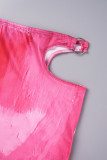 Розово-красный сексуальный цветной комочек с принтом выдалбливают пэчворк асимметричный U-образный вырез с длинным рукавом из двух частей
