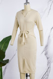 Kaki Elegant Effen Patchwork Frenulum Metalen Accessoires Decoratie Spleet V-hals Wrapped Skirt Jurken