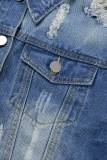 Jaqueta jeans azul casual sólida com fivela rasgada gola redonda manga comprida