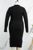 Черные повседневные однотонные базовые платья больших размеров с воротником до половины и длинным рукавом