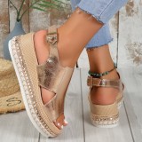 Silver Casual Hollowed Out Patchwork Fish Mouth Out Door Wedges Shoes (Heel Height 1.97in)