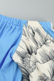 Blu vintage elegante stampa patchwork floreale senza schienale con spalle scoperte manica lunga due pezzi