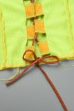 Флуоресцентно-желтые сексуальные повседневные лоскутные топы с контрастной уздечкой и круглым вырезом