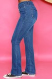 Tiefblaue, lässige, einfarbige Jeans mit hoher Taille und normaler Schnalle