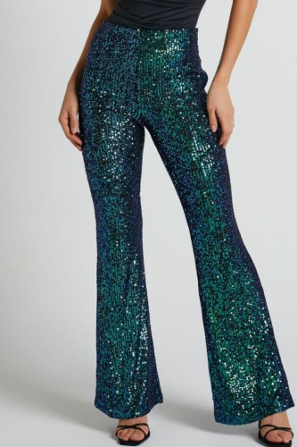 Malachite Green Casual Patchwork Sequins Skinny High Waist Conventional Patchwork Trousers