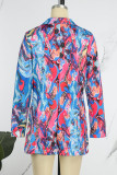 Blue Casual Print Patchwork Turn-back Collar Outerwear