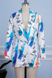 White Blue Casual Print Cardigan Turn-back Collar Outerwear