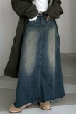 Blaue, lässige, solide Patchwork-Jeansröcke mit hoher Taille und normaler Passform