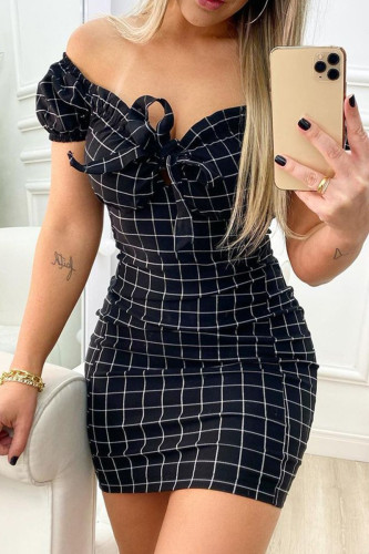 Black Casual Plaid Print Patchwork Frenulum V Neck Short Sleeve Dress
