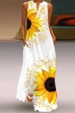 White Yellow Casual Print Basic V Neck Long Dress Dresses