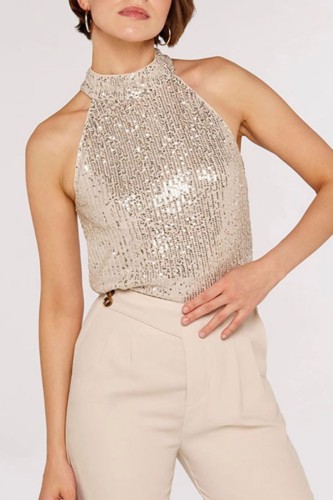 Apricot Casual Patchwork Hollowed Out Sequins Half A Turtleneck Tops