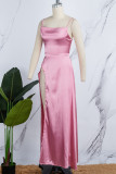 Rosa sexy lässige solide rückenfreie Kreuzträger Schlitz Spaghettiträger langes Kleid Kleider