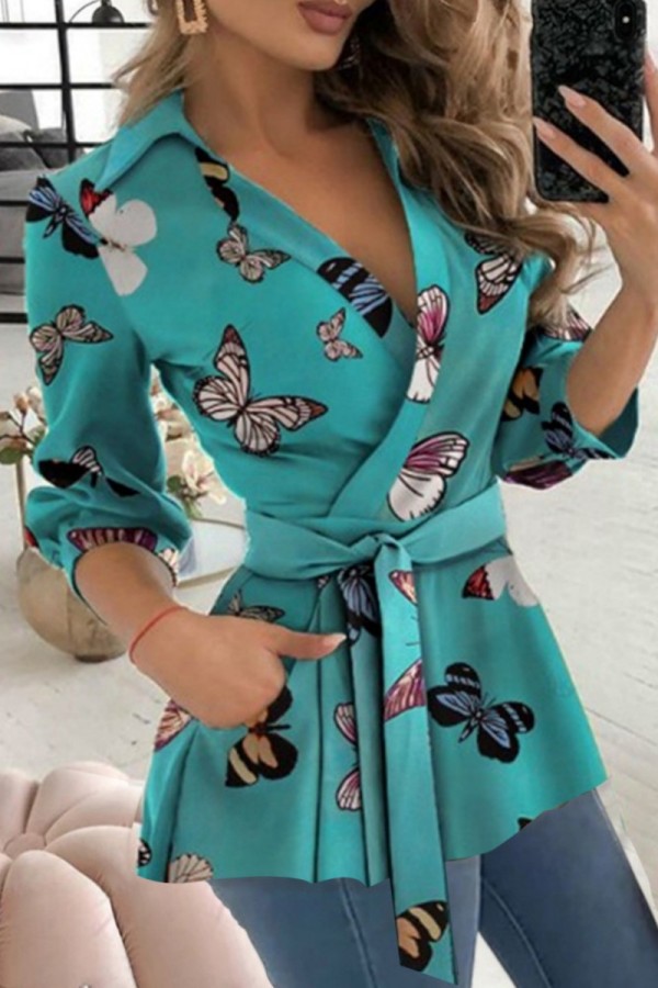 Cyan Casual Print Patchwork V Neck Tops