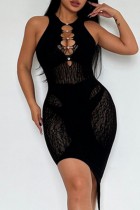 Black Sexy Casual Solid Hollowed Out O Neck Irregular Dress Dresses