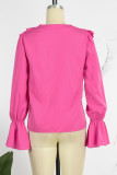 Blusas casuais com decote em V de patchwork sólido rosa vermelha