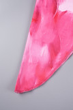 Rose Red Sexy Color Lump Print Uitgehold Lapwerk Asymmetrische U-hals Lange mouw Twee stukken