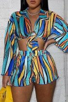 Multicolor Street Geometric Striped Print Bandage Draw String Printing Turndown Collar Long Sleeve Two Pieces Fron Tie Blouse And Short Set