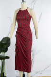Rode casual print Frenulum split O-hals mouwloze jurkjurken