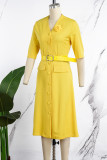 Yellow Elegant Solid Patchwork Buckle V Neck A Line Dresses(With a belt)