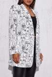 White Casual Print Cardigan Turn-back Collar Outerwear