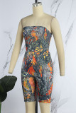 Orange Sexy Print Backless Strapless Sleeveless Two Pieces