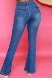 Jeans in denim regolari a vita alta con fibbia solida casual blu scuro