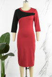 Vermelho melancia elegante cor sólida bloco retalhos contraste zíper decote em bico saia enrolada vestidos
